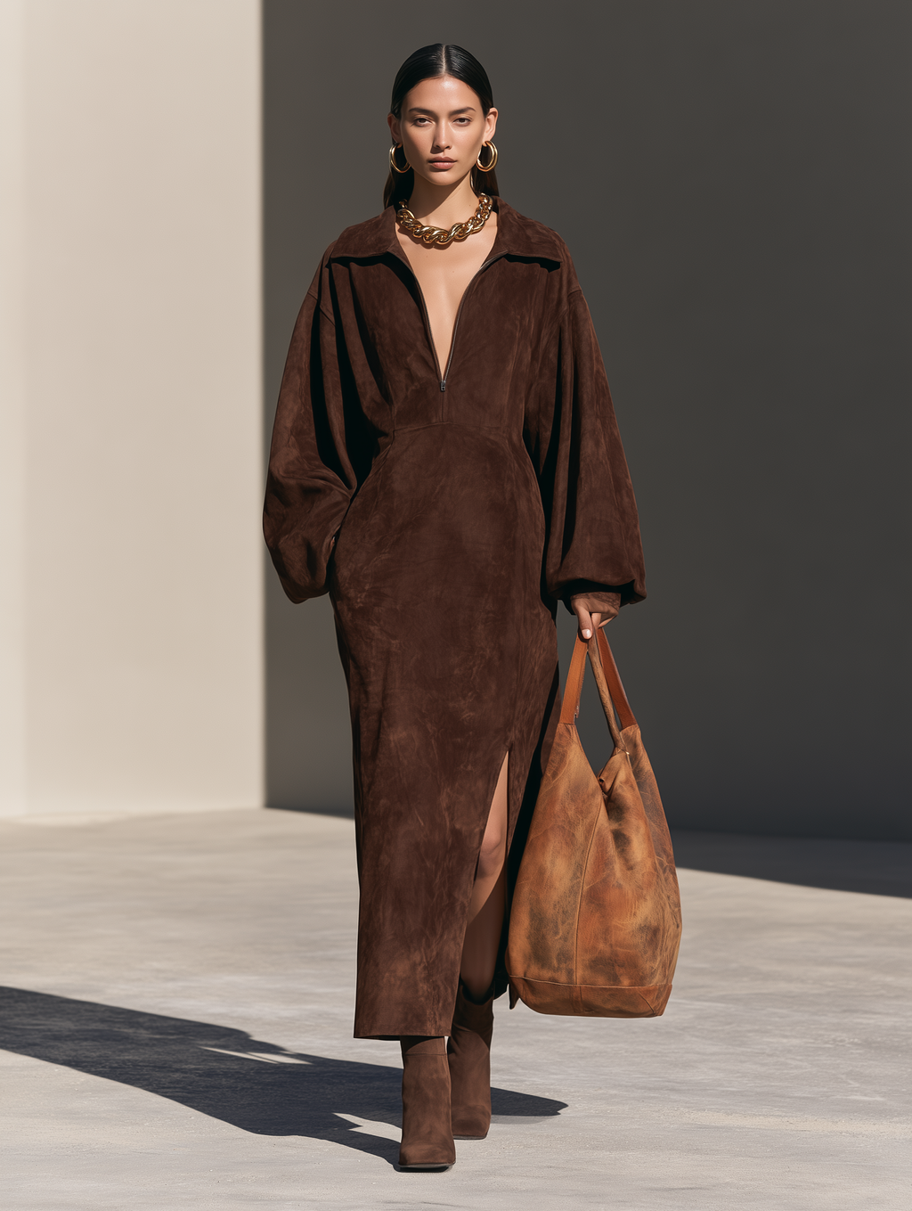 Women's Collared Half-Zip Drop-Shoulder Balloon-Sleeve Slit Faux-Suede Maxi Dress MDZ0150I8CMX