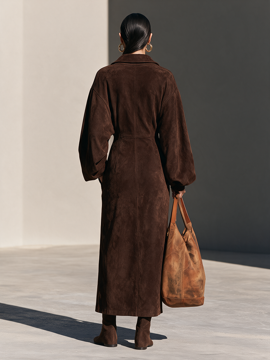 Women's Collared Half-Zip Drop-Shoulder Balloon-Sleeve Slit Faux-Suede Maxi Dress MDZ0150I8CMX