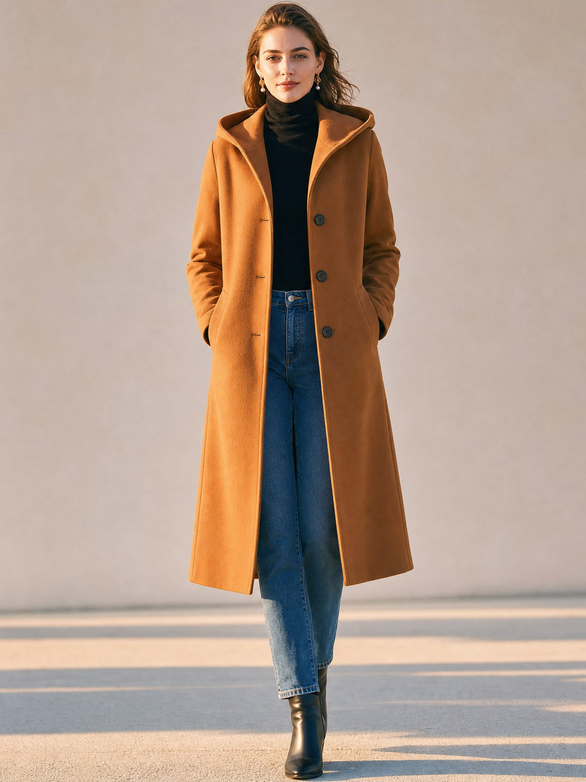 Camel Hooded Wool‑Blend Long Coat Outerwear