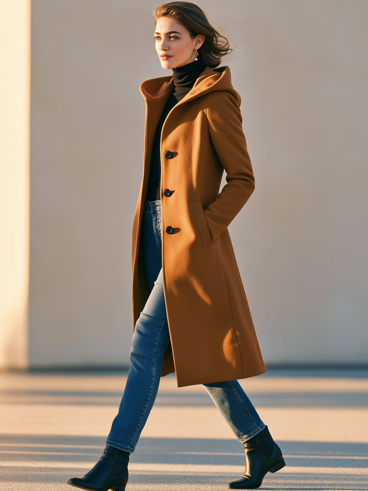 Camel Hooded Wool‑Blend Long Coat Outerwear