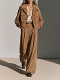 Women's Collared Single-Breasted Drop-Shoulder Long-Sleeve Cropped Jacket And High-Waisted Wide-Leg Pants Set MDZ0202I9CMX
