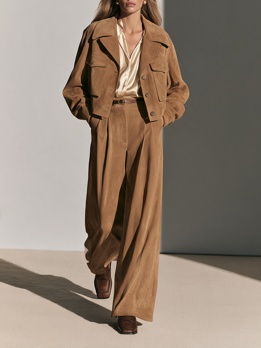 Women's Collared Single-Breasted Drop-Shoulder Long-Sleeve Cropped Jacket And High-Waisted Wide-Leg Pants Set MDZ0202I9CMX