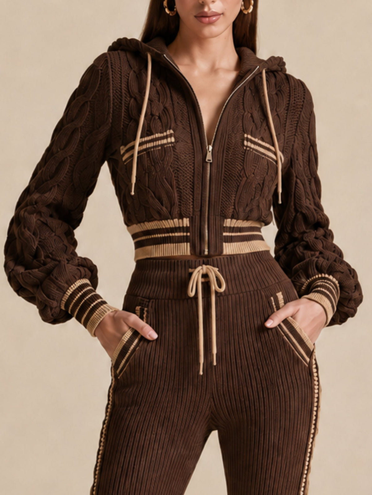 Chocolate Cable-Knit Zip-Up Hooded Cardigan With Contrast Stripe Trim