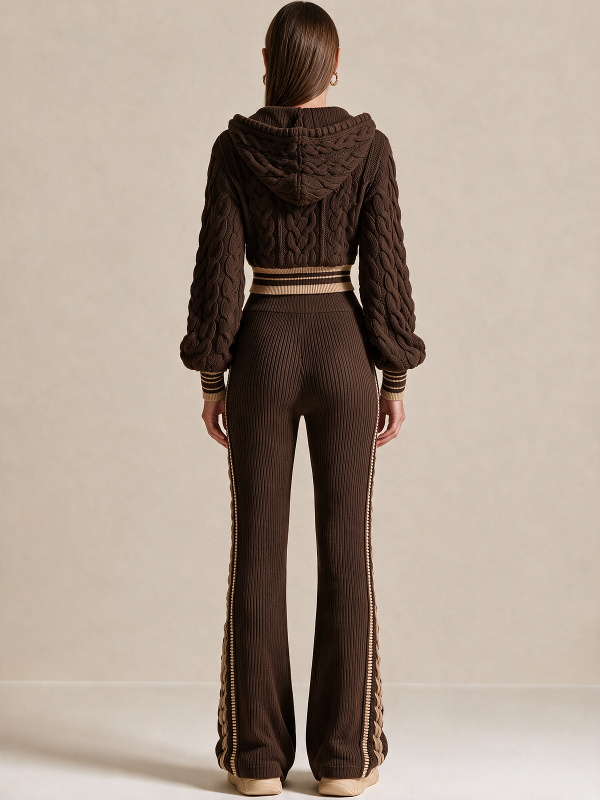 Chocolate Ribbed Knit Wide-Leg Pants With Drawstring Waist And Contrast Side Trim