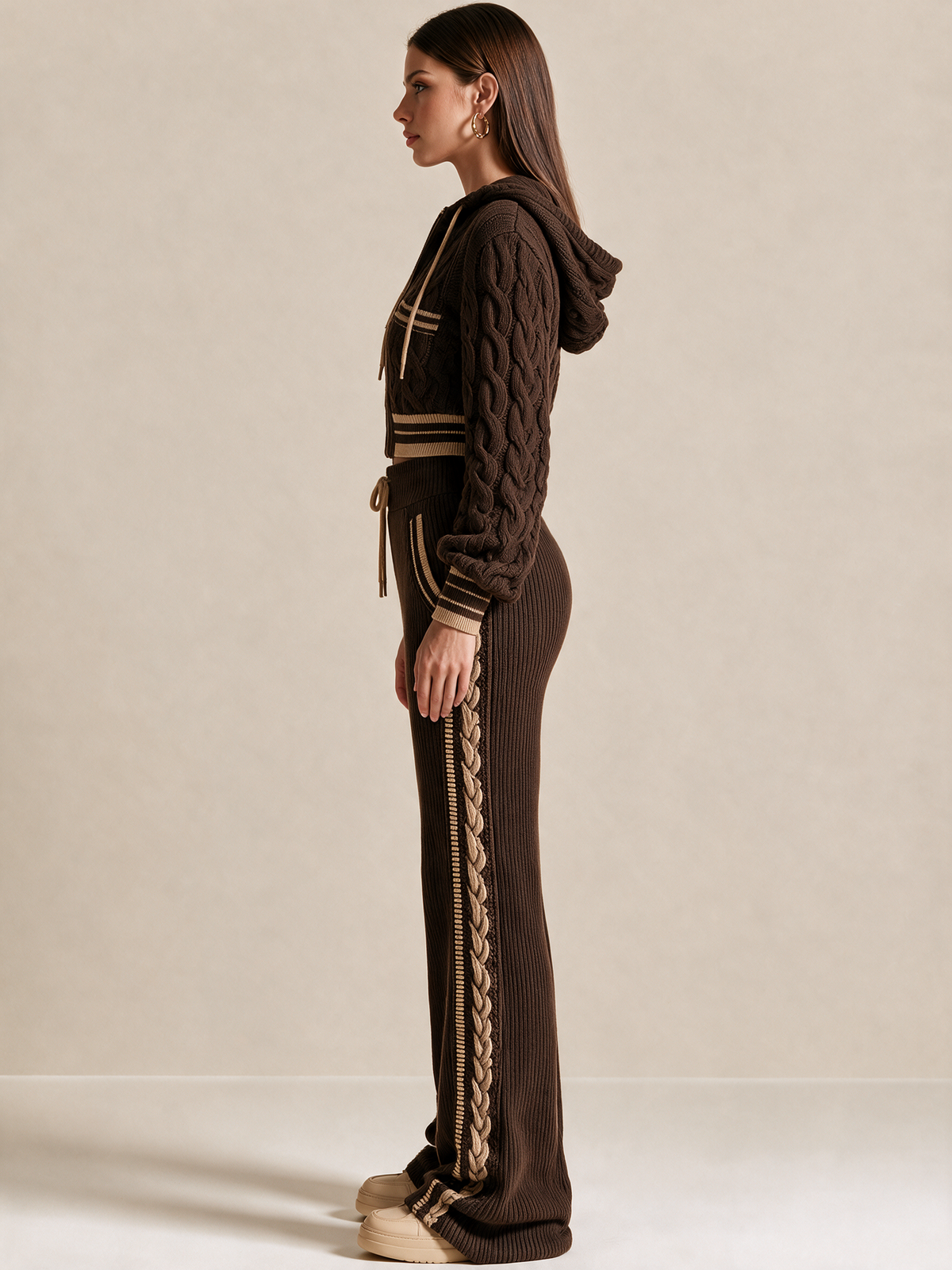 Chocolate Ribbed Knit Wide-Leg Pants With Drawstring Waist And Contrast Side Trim