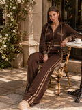 Chocolate Cable-Knit Zip-Up Hooded Cardigan With Contrast Stripe Trim