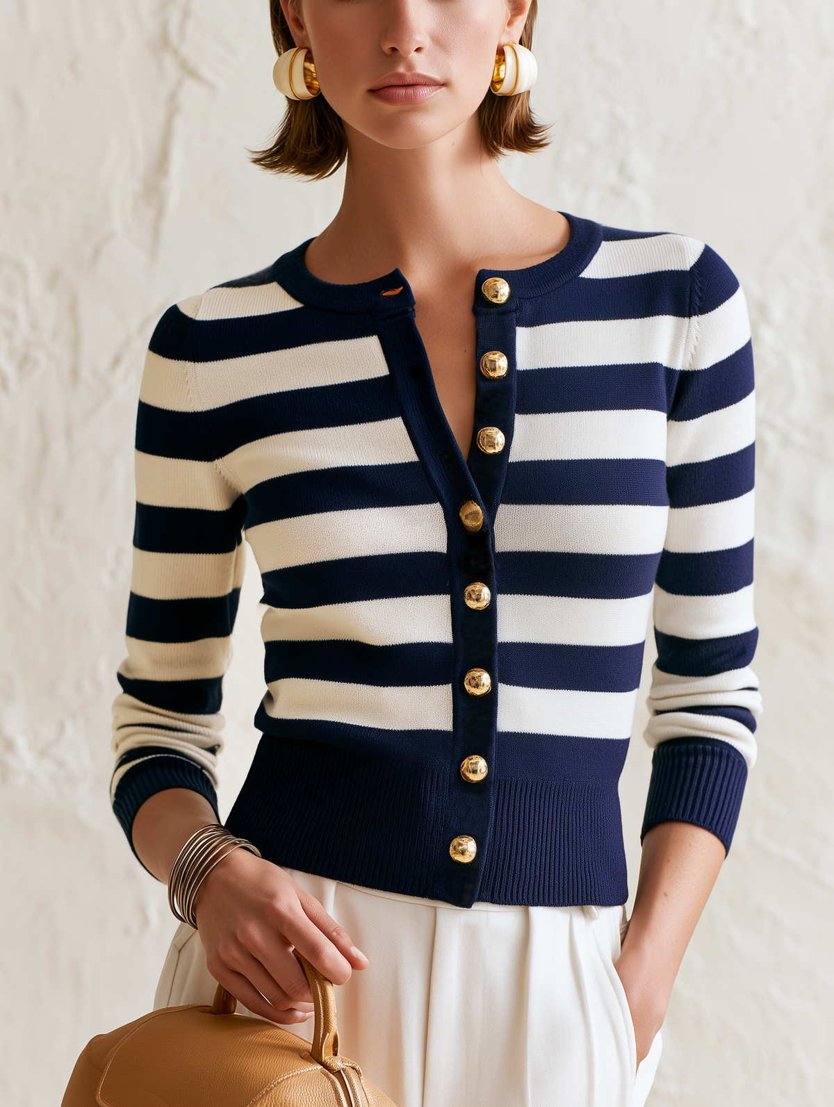 Navy‑Ivory Stripe Gold‑Button Cropped Knit Cardigan