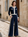 Elegant Navy & Ivory Contrast Tweed Wide-Leg Pants