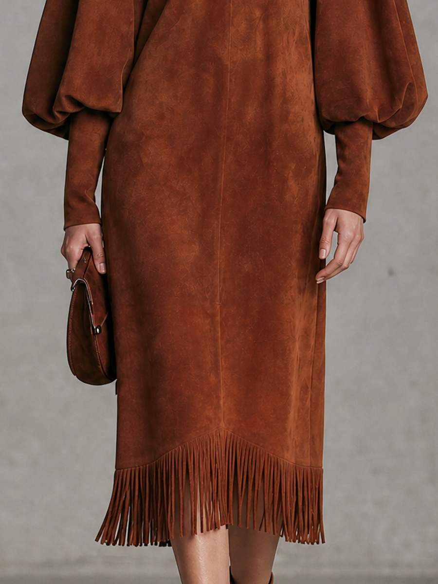 Women's Puff Sleeve Fringe Hem Brown Midi Dress MDZ0361I3YZJ