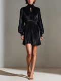 Women's Black High‑Neck Smocked Short Velvet Dress MDZ0338I3R