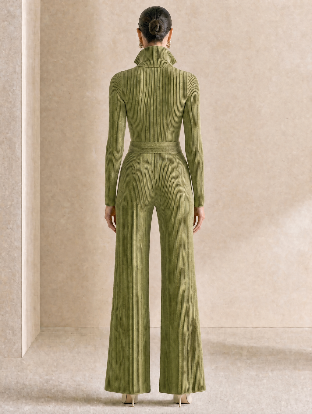 Elegant Green Ribbed Knit Jumpsuit