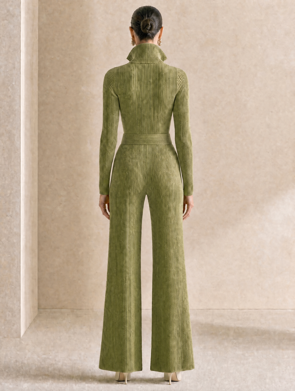 Elegant Green Ribbed Knit Jumpsuit