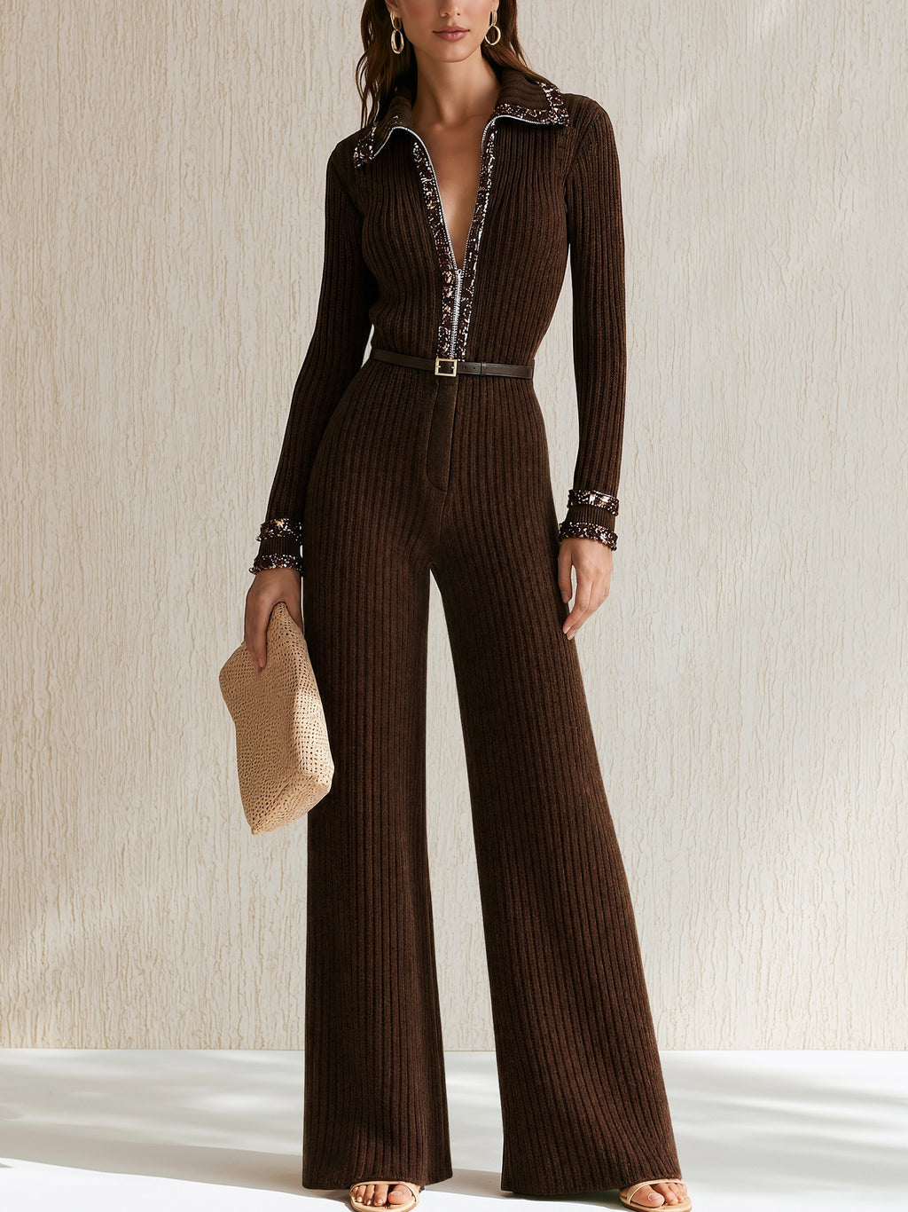 Ribbed Knit Zip‑Up Collar Long‑Sleeve Jumpsuit