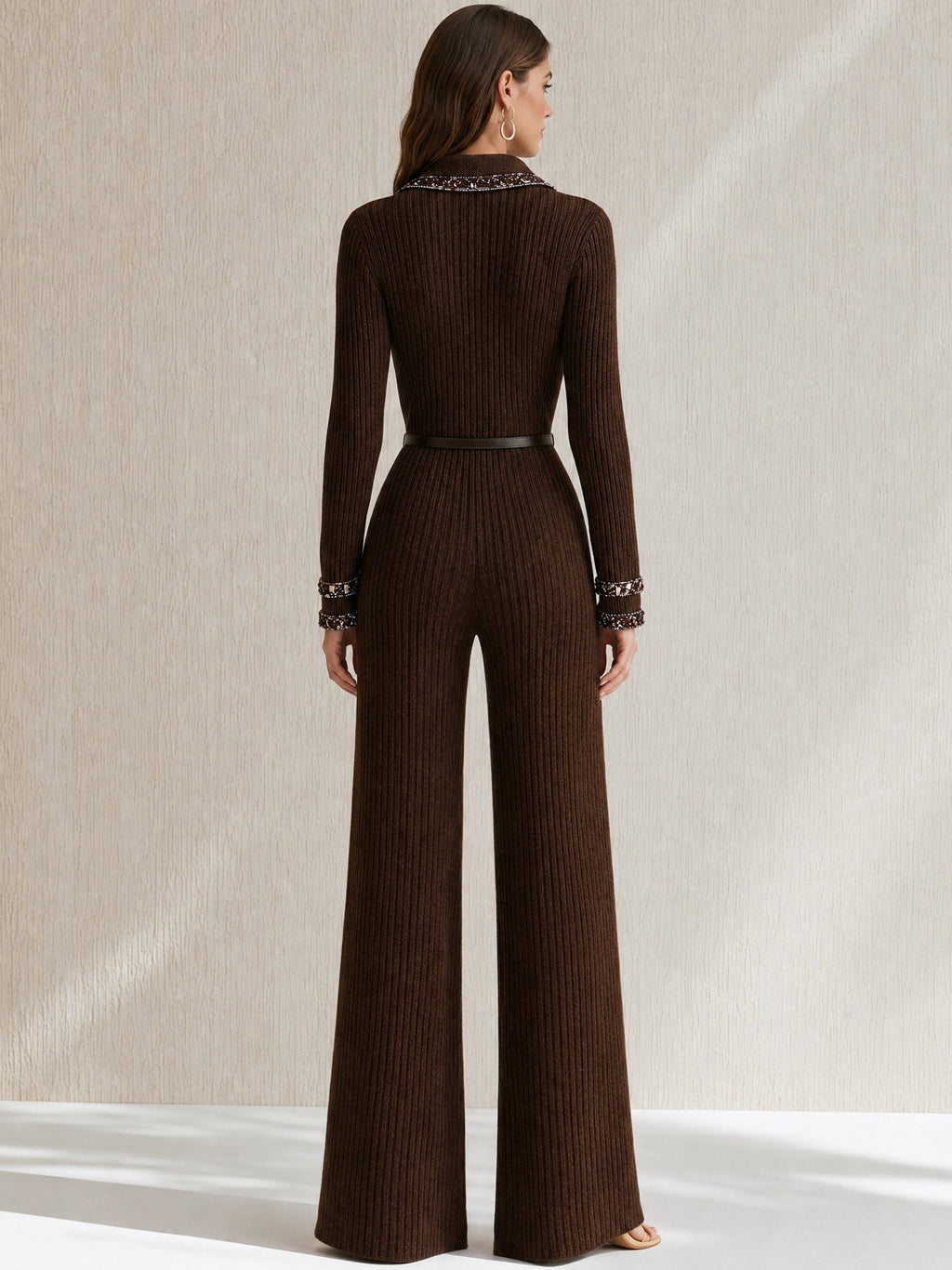 Ribbed Knit Zip‑Up Collar Long‑Sleeve Jumpsuit