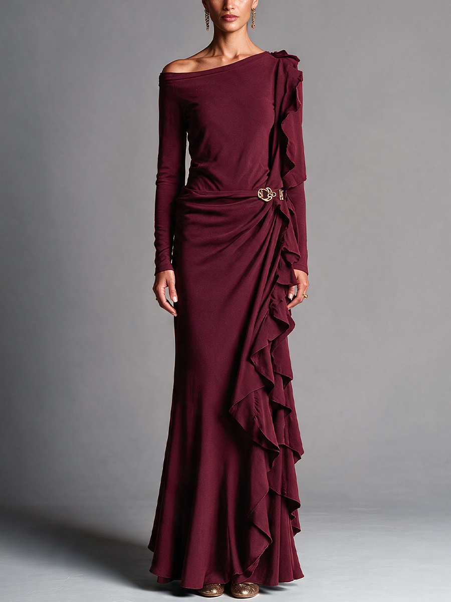 Women's Burgundy One‑Shoulder Ruffle Velvet Mermaid Evening Gown MDZ0390I1R