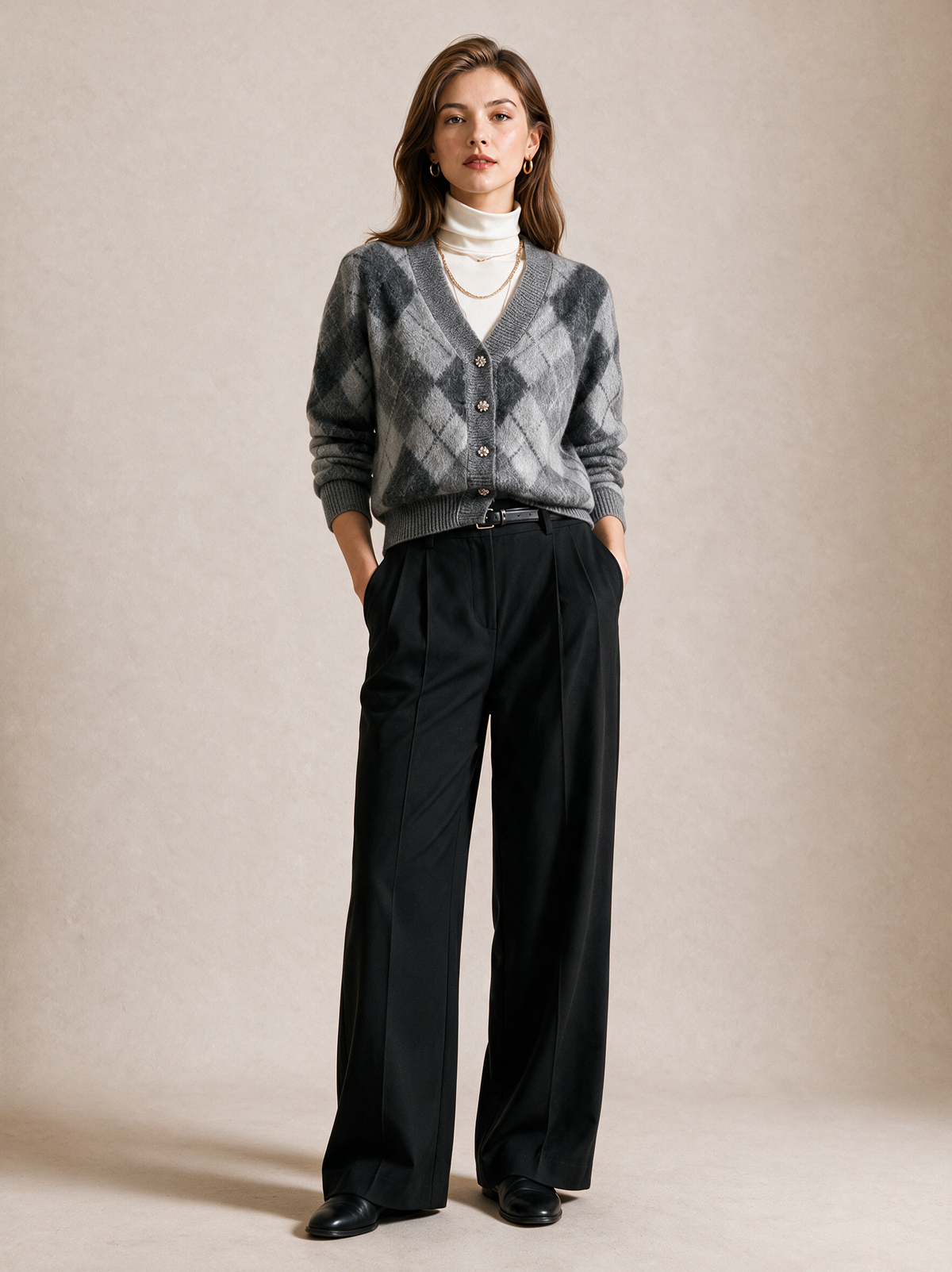 Grey Argyle V-Neck Button-Up Knit Cardigan With Rhinestone Buttons