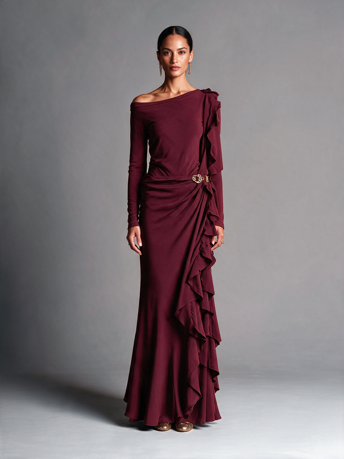 Women's Burgundy One‑Shoulder Ruffle Velvet Mermaid Evening Gown MDZ0390I1R
