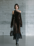Women's Off Shoulder Velvet Lace Trim Black Dress MDZ0350I2YZJ