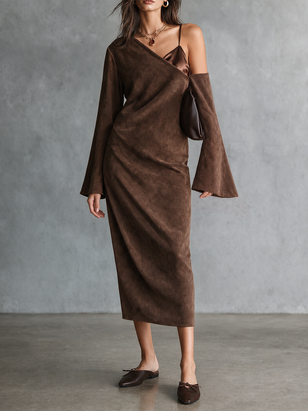 Women's Elegant Suede Dress Splicing Satin Camisole-Style Bodice And One-Shoulder Detail MDZ0300I4WY