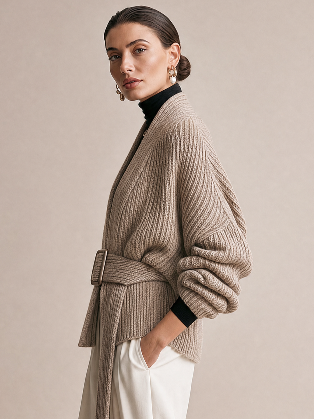 Elegant Taupe Ribbed Belted Cardigan