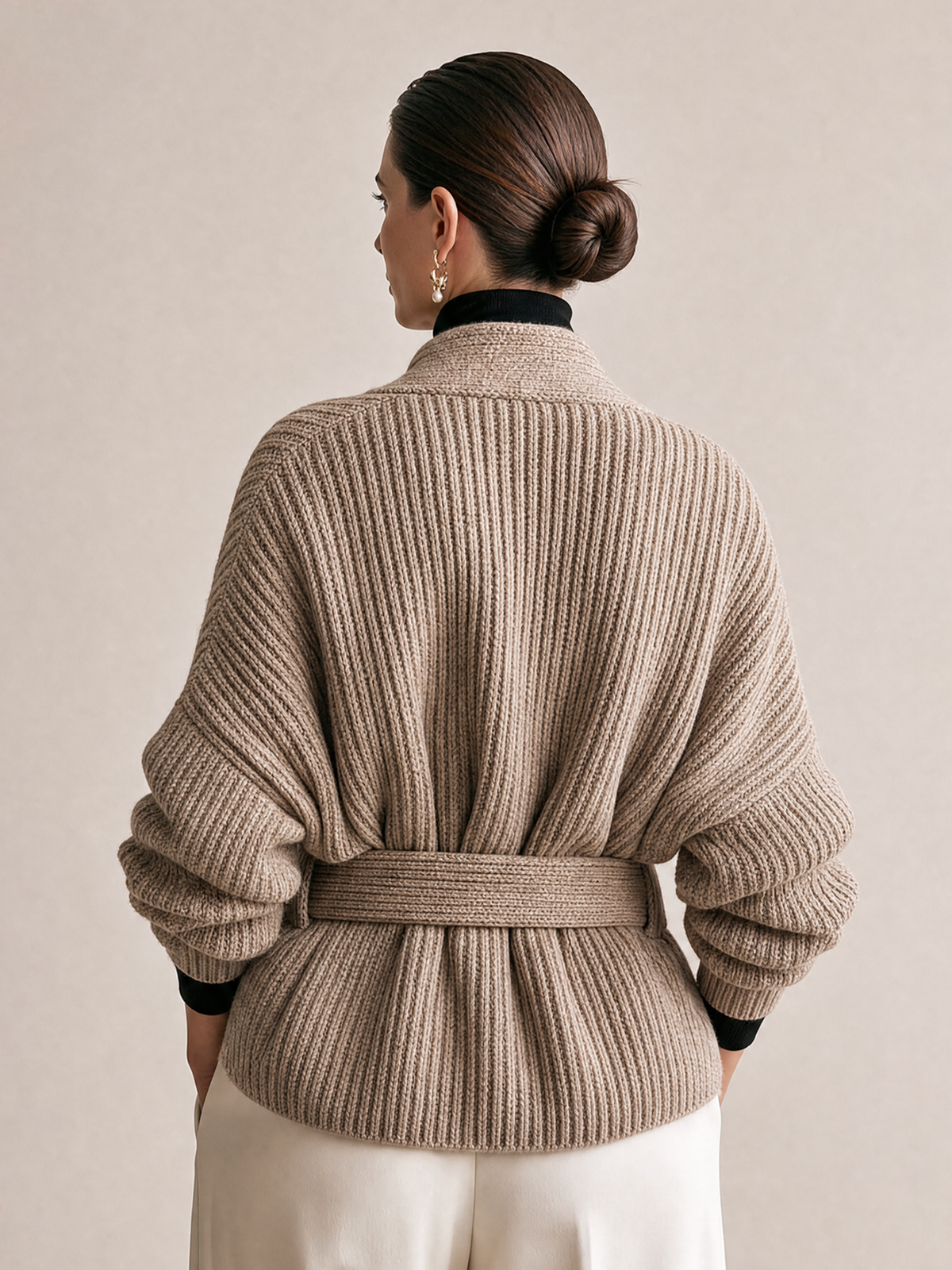 Elegant Taupe Ribbed Belted Cardigan