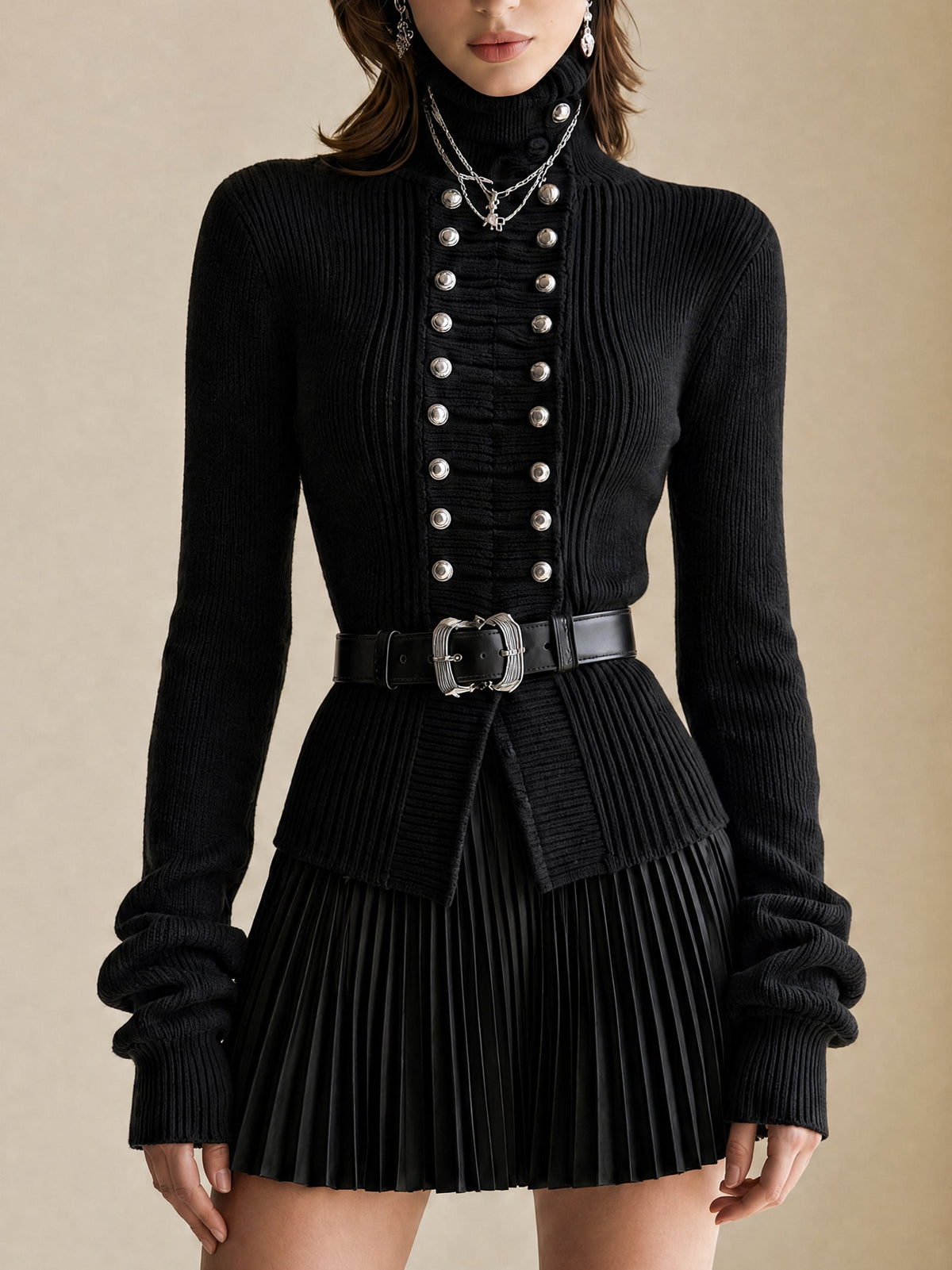 Black Ribbed Turtleneck Button-Front Belted Knit Top