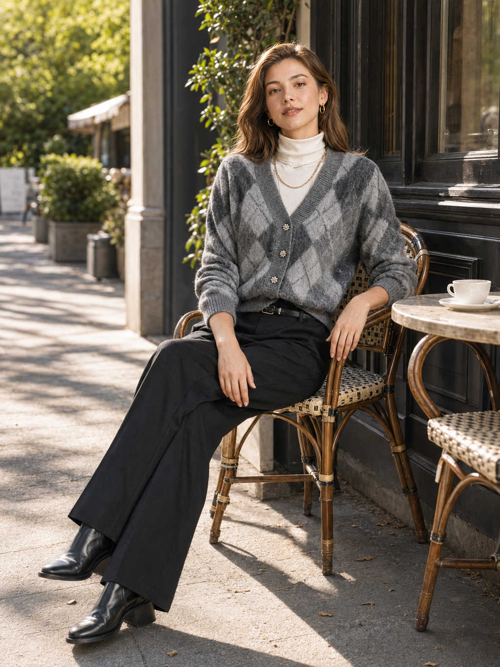 Grey Argyle V-Neck Button-Up Knit Cardigan With Rhinestone Buttons