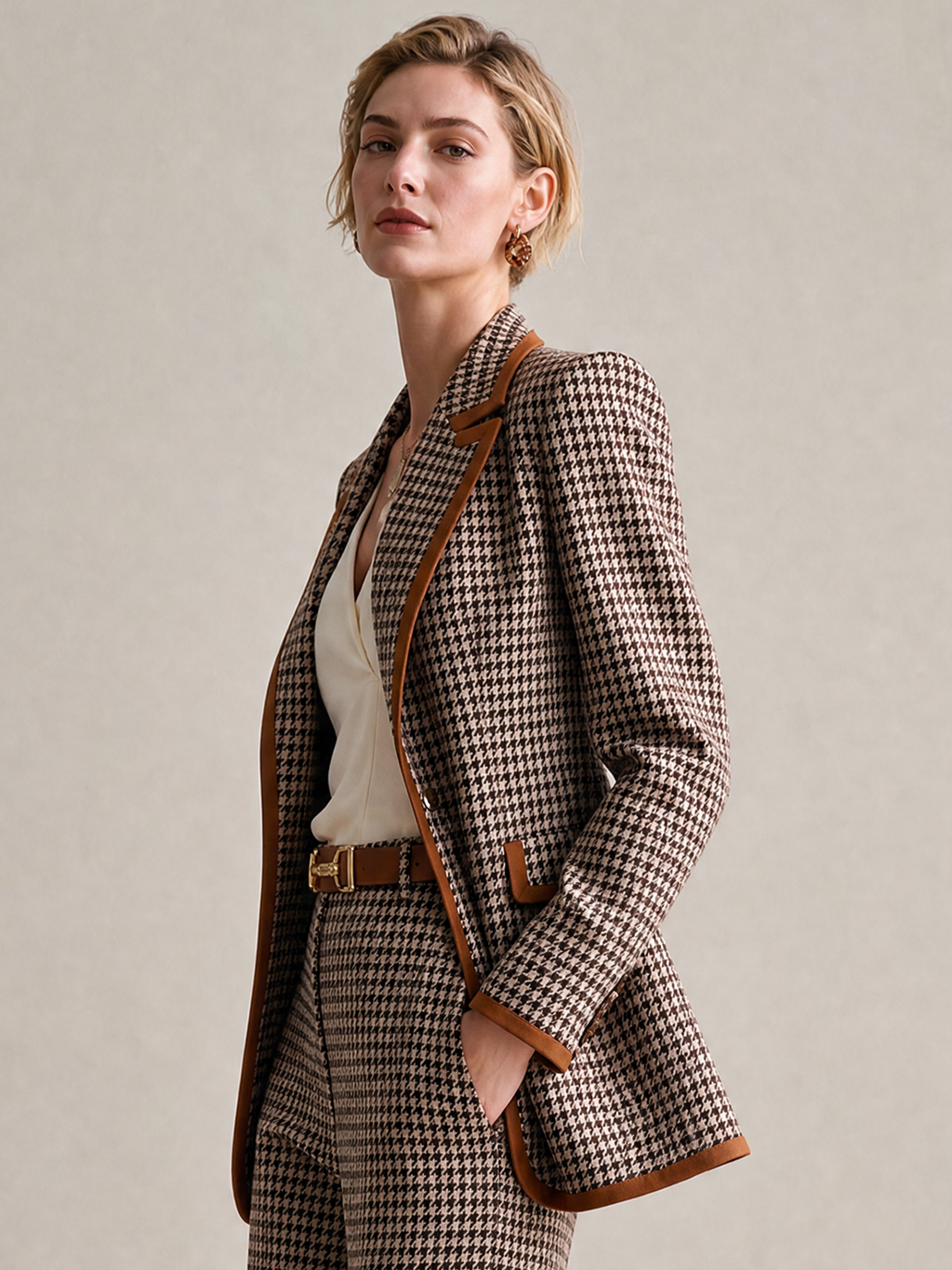 Elegant Brown Houndstooth Contrast-Trim Blazer