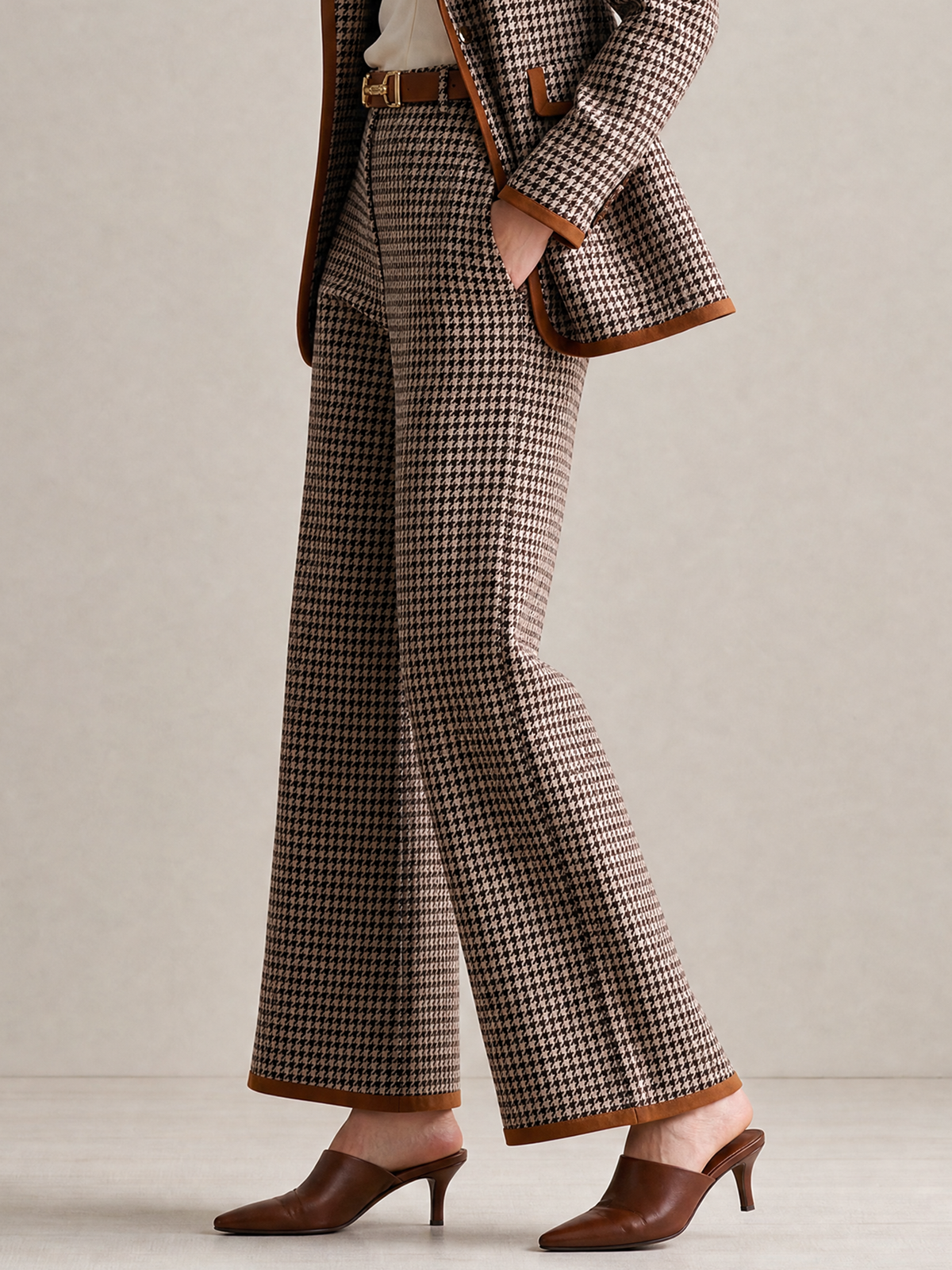 Elegant Brown Houndstooth Contrast-Trim Wide-Leg Trousers