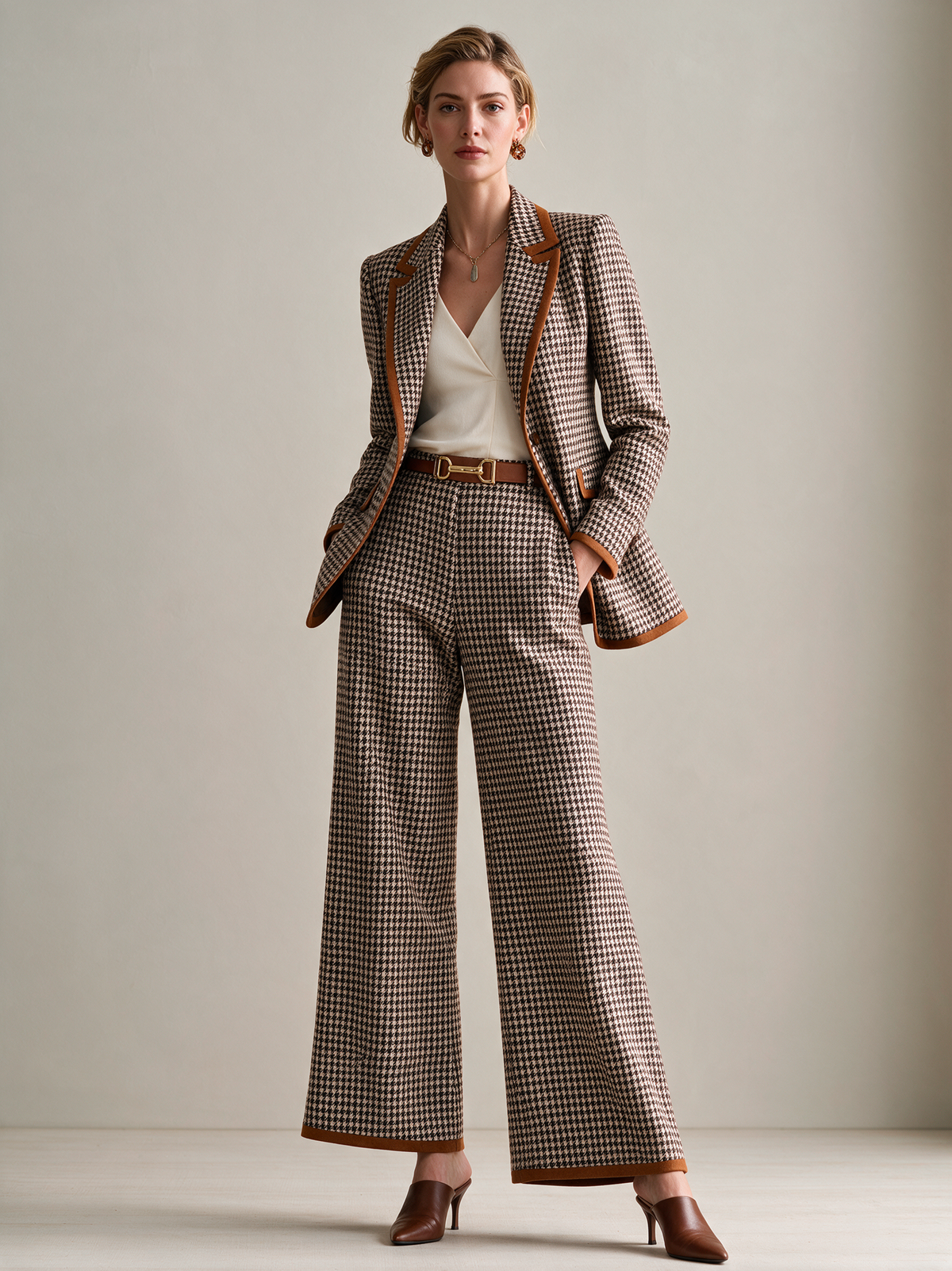 Elegant Brown Houndstooth Contrast-Trim Wide-Leg Trousers