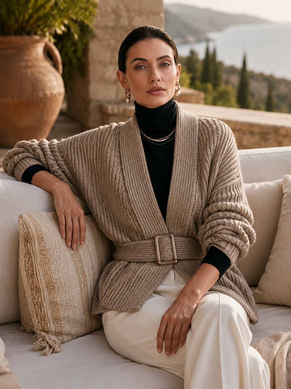 Elegant Taupe Ribbed Belted Cardigan