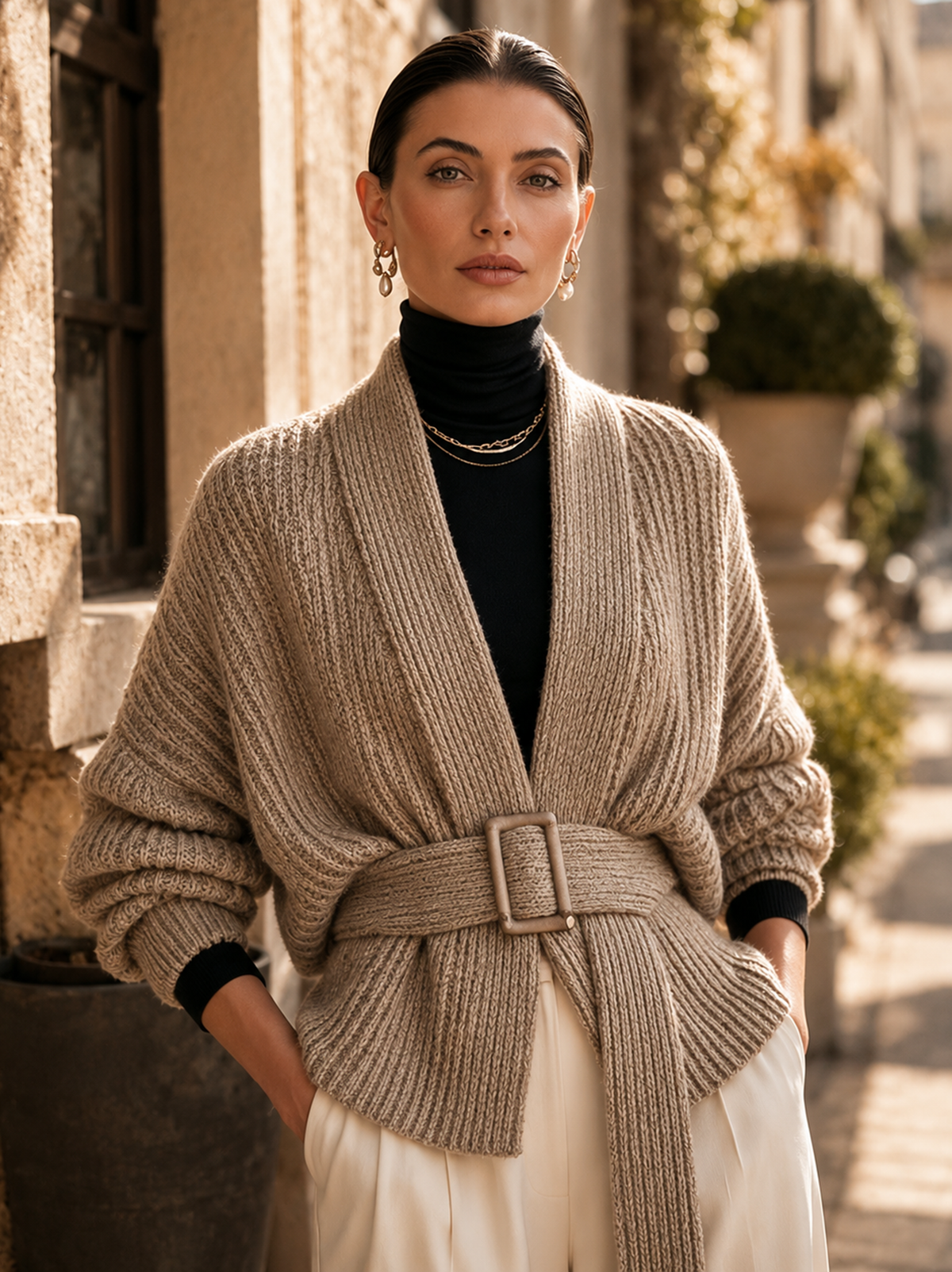 Elegant Taupe Ribbed Belted Cardigan