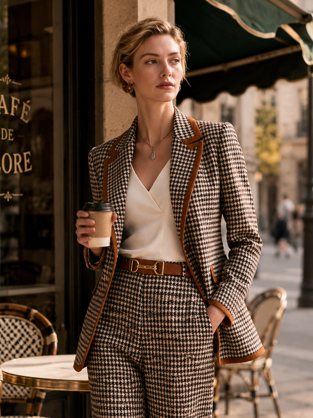 Elegant Brown Houndstooth Contrast-Trim Blazer