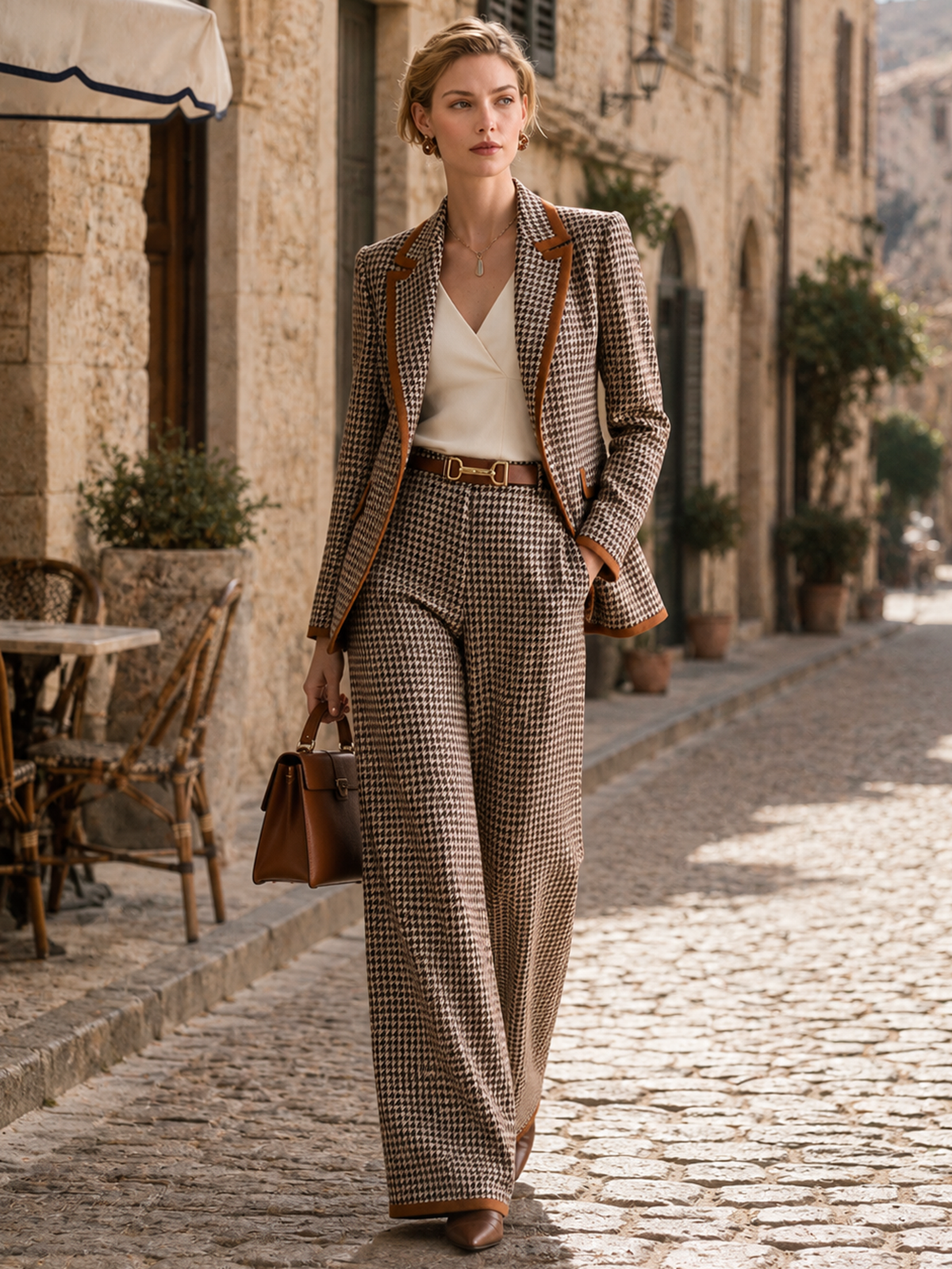 Elegant Brown Houndstooth Contrast-Trim Wide-Leg Trousers