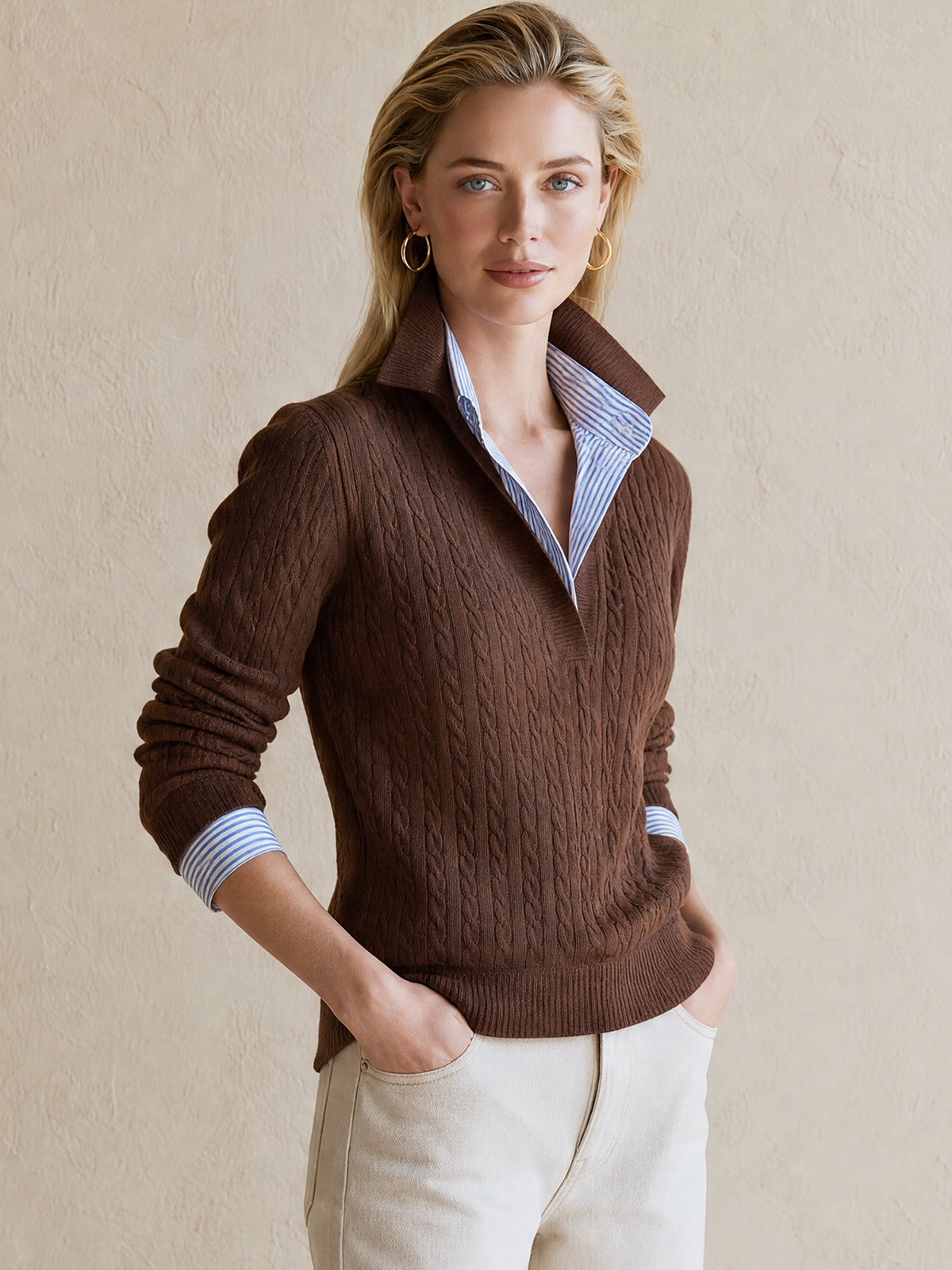 Brown Cable‑Knit Collared Fake‑Layer Pullover Sweater