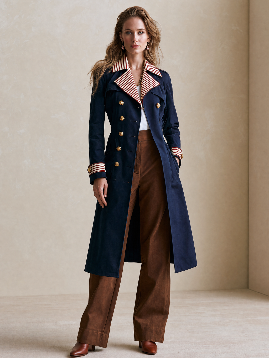 Elegant Navy Contrast-Stripe Double-Breasted Trench Coat