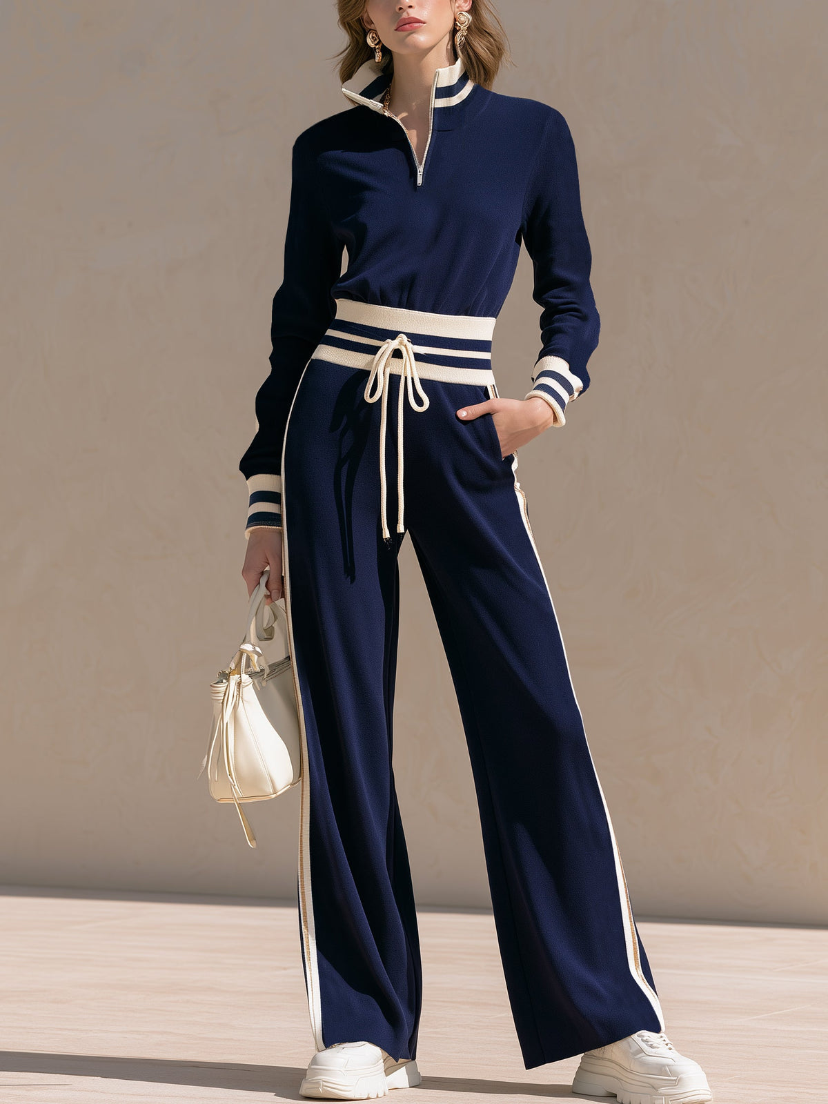 Half‑Zip Stand‑Collar Drawstring Waist Jumpsuit