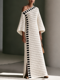 Women's Striped Openwork Bohemian Knit Off-Shoulder Maxi Dress MDZ0330I9GMJ