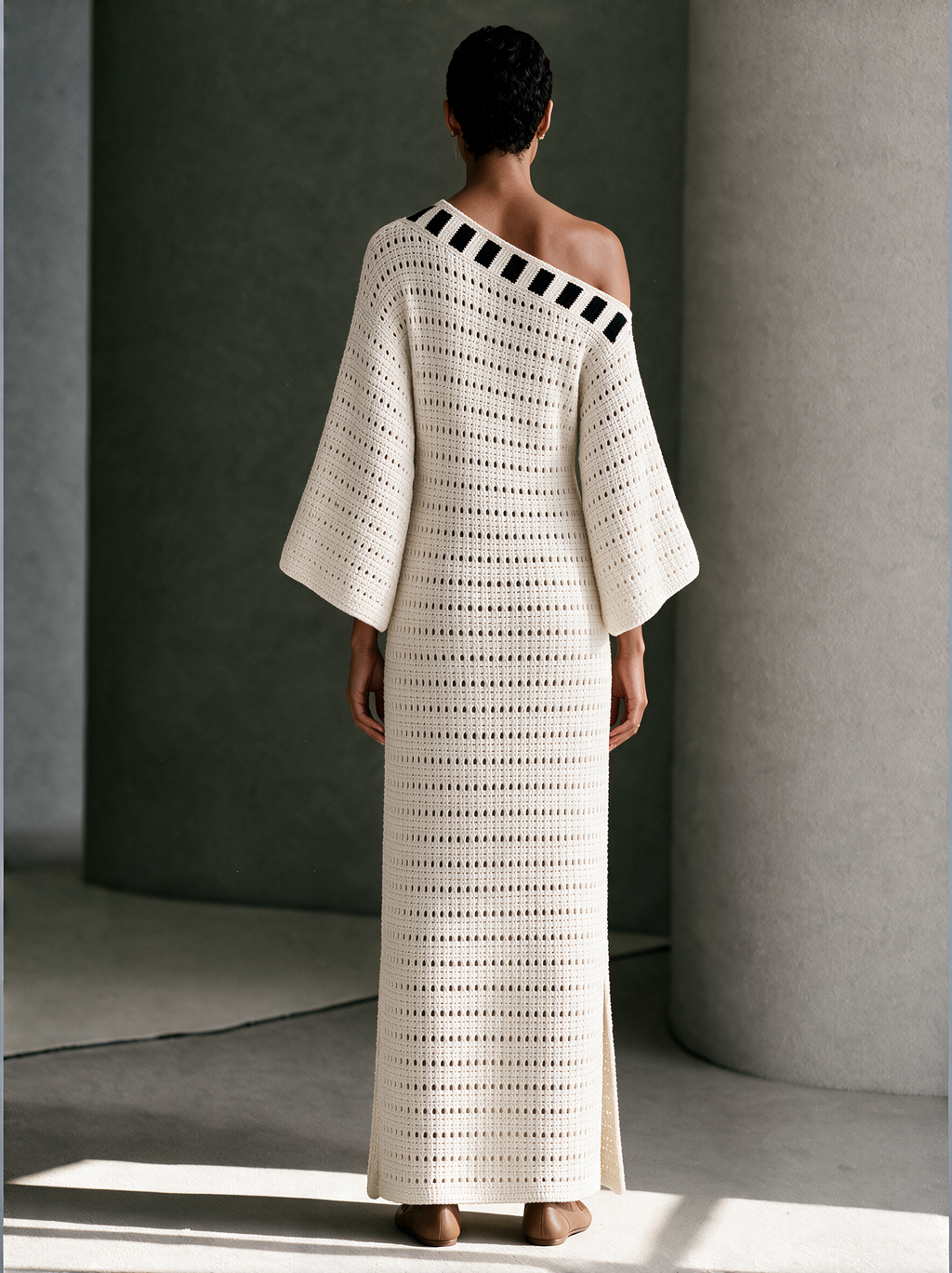 Women's Striped Openwork Bohemian Knit Off-Shoulder Maxi Dress MDZ0330I9GMJ