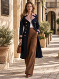Elegant Navy Contrast-Stripe Double-Breasted Trench Coat
