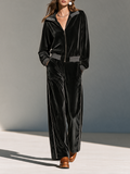 Women's Collared Zip Contrast-Rib Long-Sleeve Jacket And Wide-Leg Pants Velvet Set MDZ0725I8CMX
