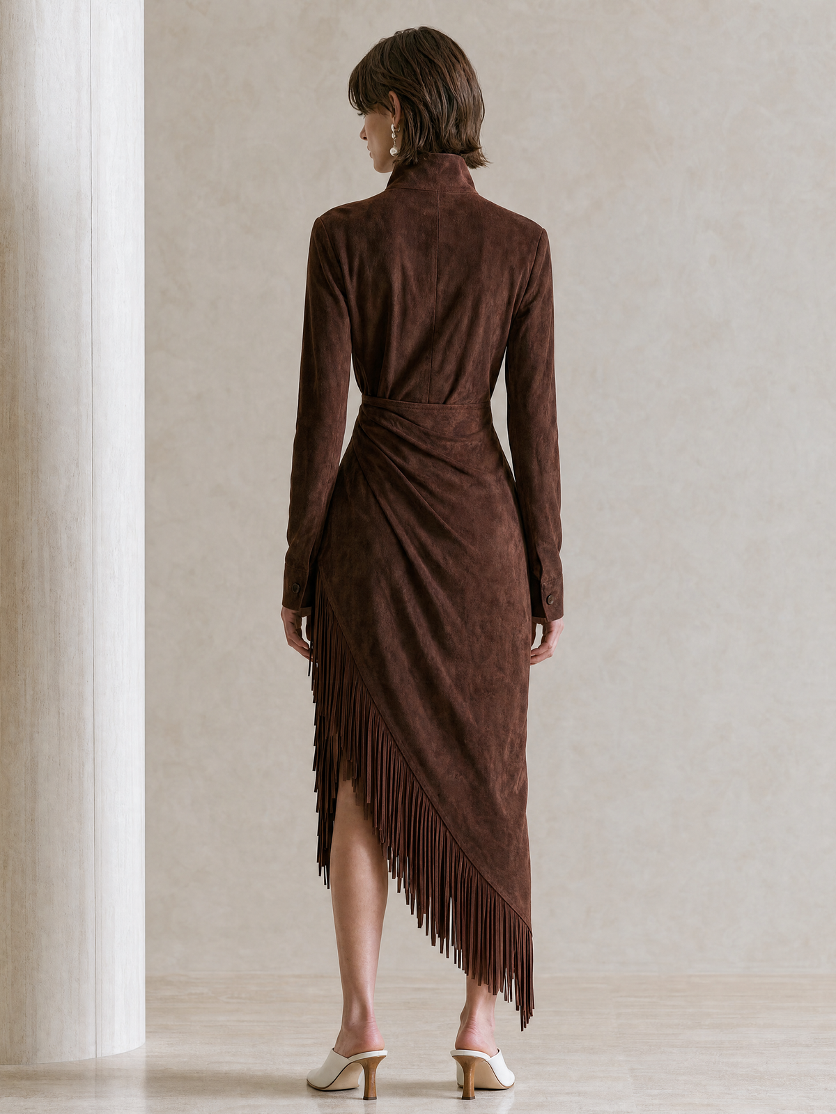 Elegant Chocolate Brown Suede Fringe Midi Dress