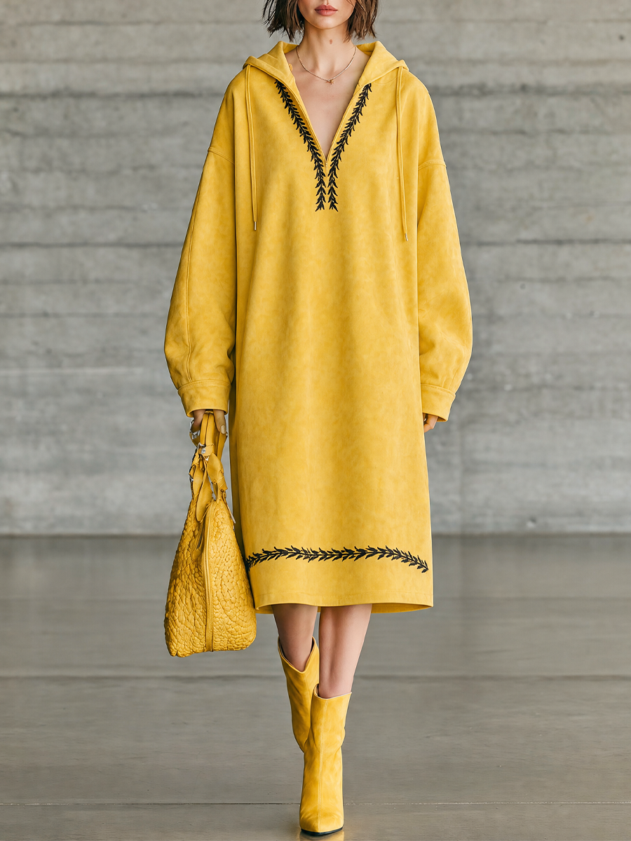 Women's Hooded Embroidered Yellow Sweatshirt Dress MDZ0721I7YZJ