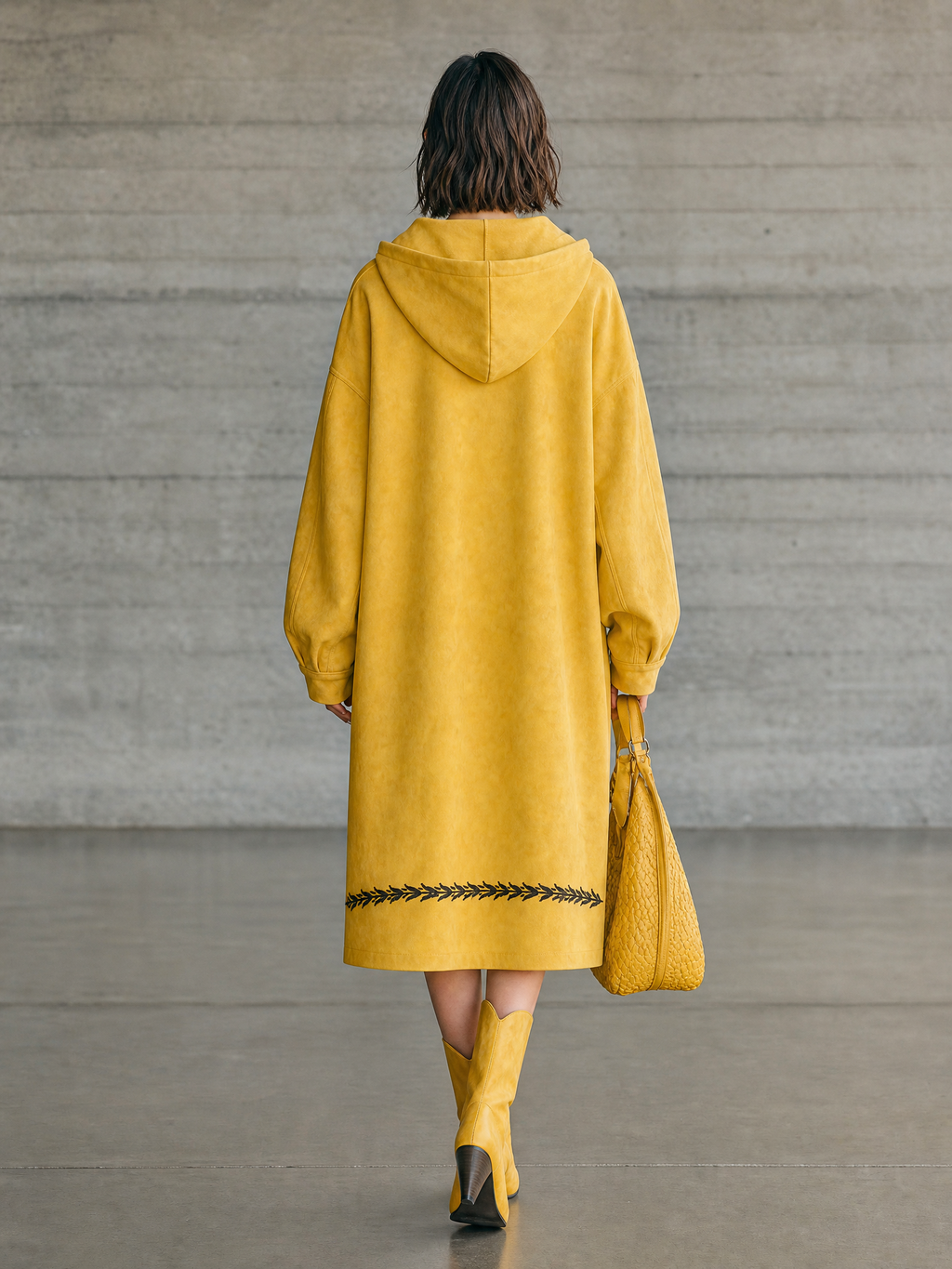Women's Hooded Embroidered Yellow Sweatshirt Dress MDZ0721I7YZJ