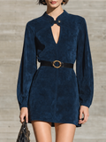 Women's Mandarin Collar Keyhole Belted Navy Dress (Without Belt) MDZ0705I1YZJ