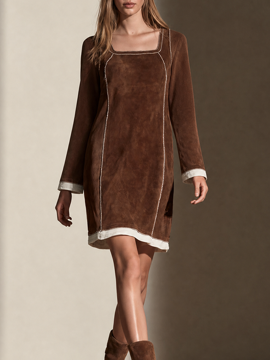 Women's Contrast‑Stitch Faux Suede Square Neck Mini Dress MDZ0705I4LYL