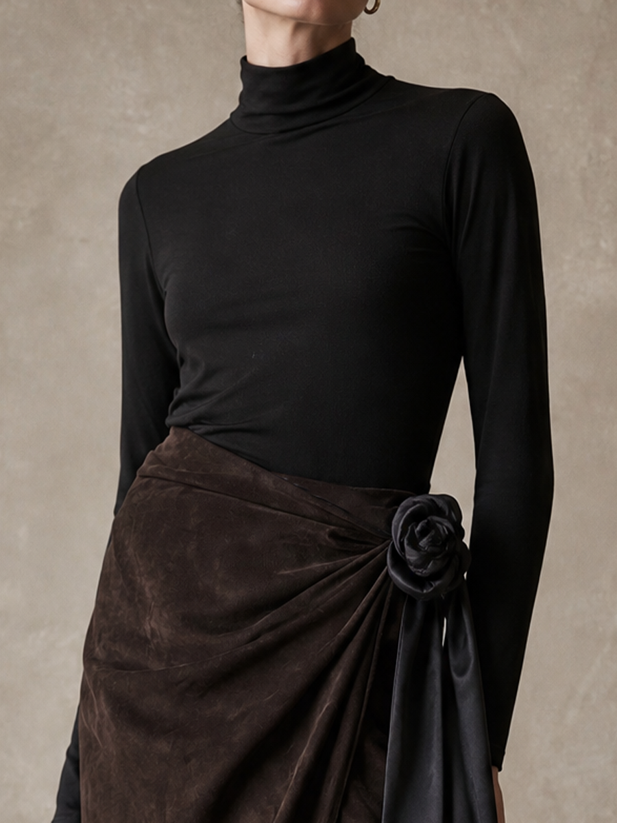 Women's Ruched Rose Detail Brown Black Skirt Set MDZ0740I7YZJ