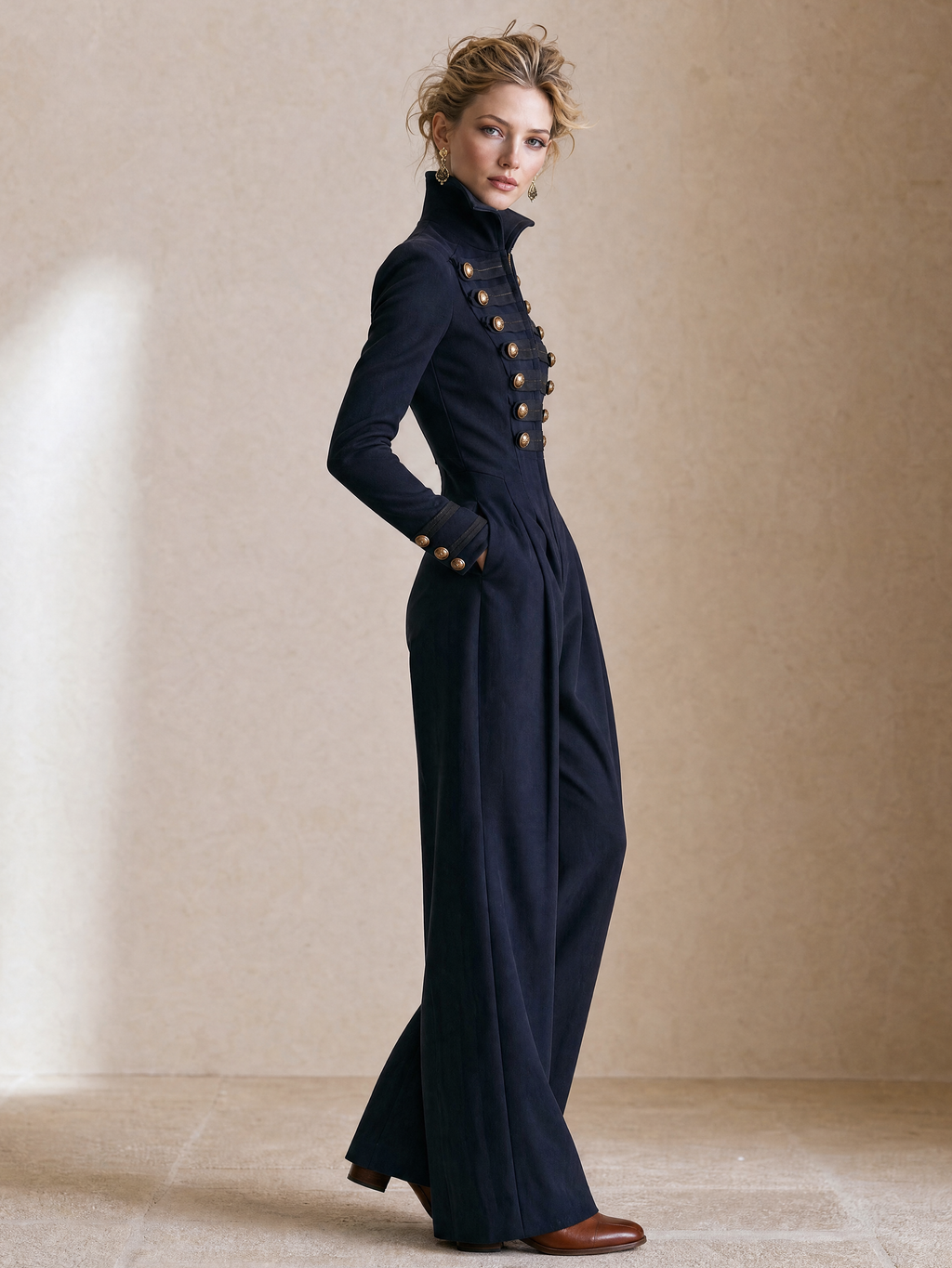 Elegant Navy Double-Breasted Metal Button Jumpsuit