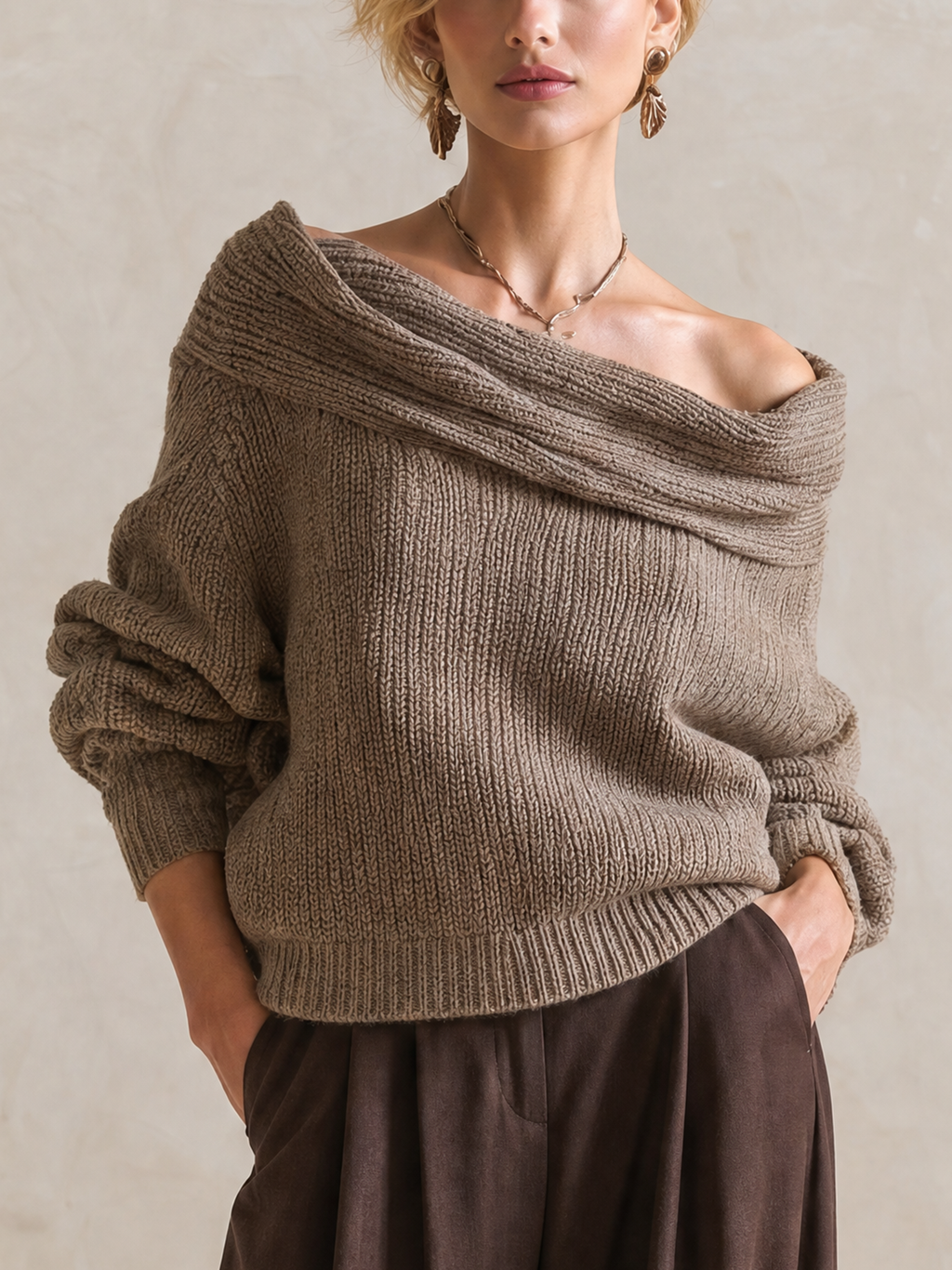 Elegant Taupe Off-Shoulder Foldover Knit Sweater