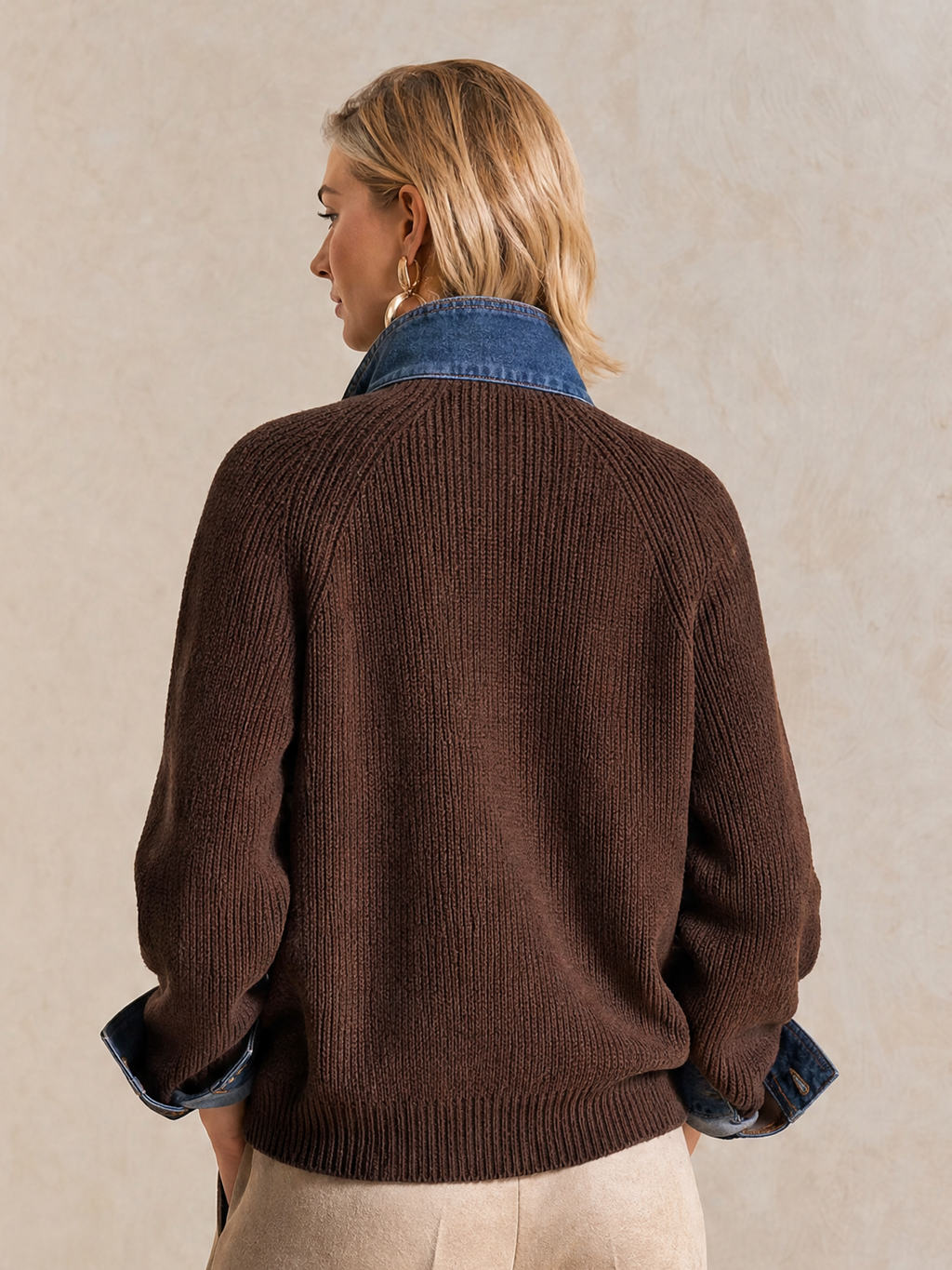 Elegant Dark Brown Denim-Trim Knit Cardigan
